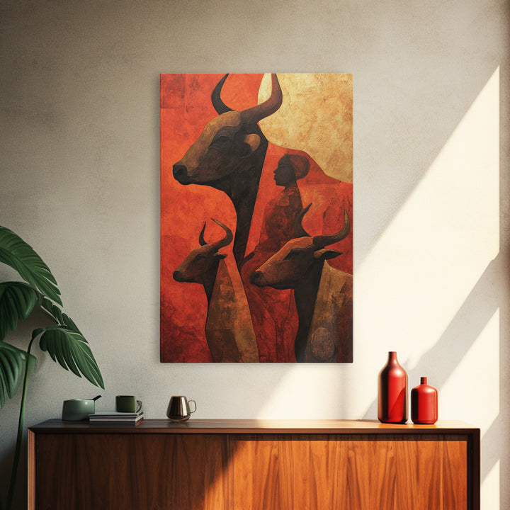 Ochre African Woman With Longhorn Cattle Canvas Print, Tribal Wall Decor, Modern African Art, Burnt Orange Safari Home Decor