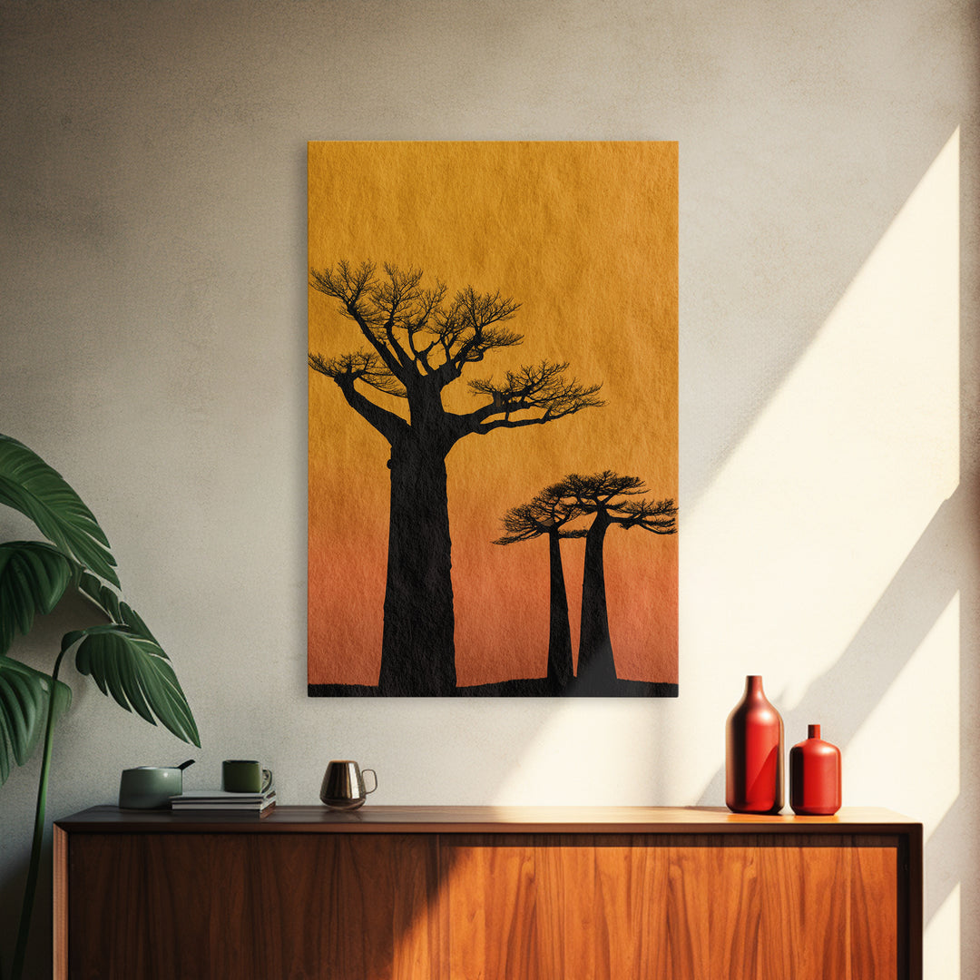 Black Baobab Silhouettes At Orange Sunset Canvas Print, African Tree Wall Decor, Minimalist Safari Art, Warm Boho Home Decor