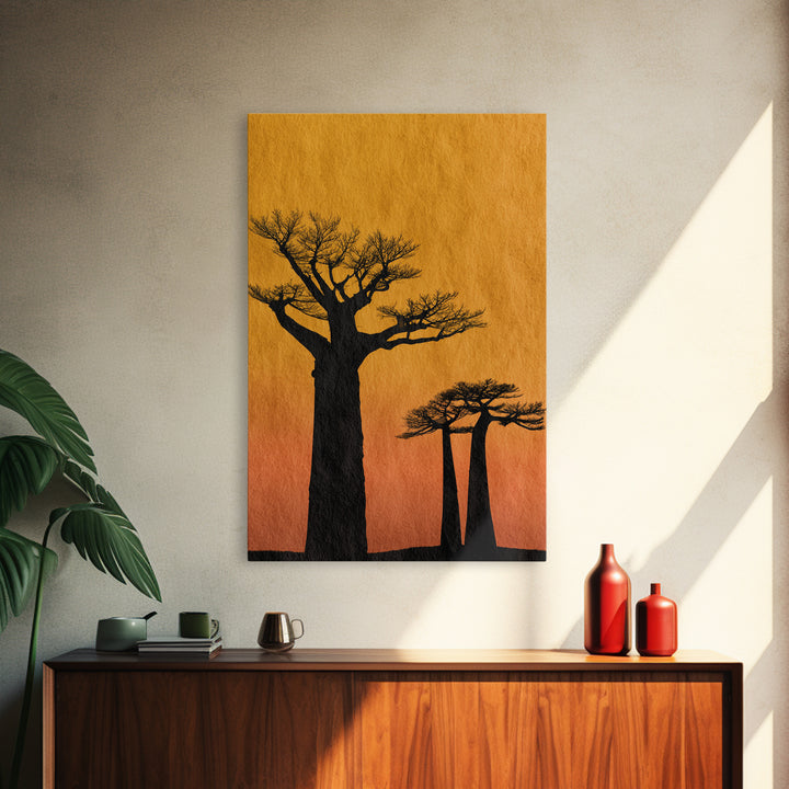 Black Baobab Silhouettes At Orange Sunset Canvas Print, African Tree Wall Decor, Minimalist Safari Art, Warm Boho Home Decor