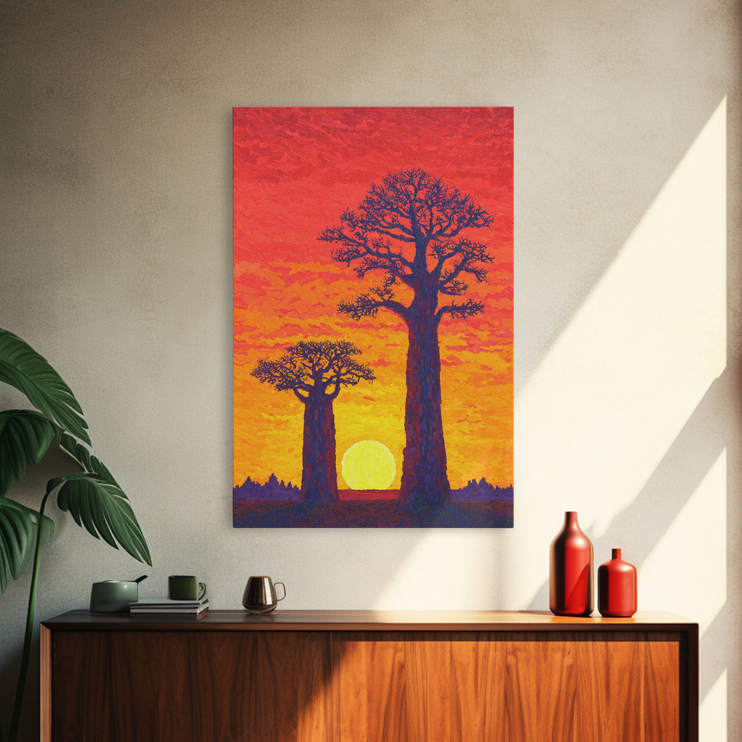 Vivid Baobab Sunset With Glowing Sun Wall Art, African Landscape Print, Colorful Safari Decor, Large Living Room Canvas Print