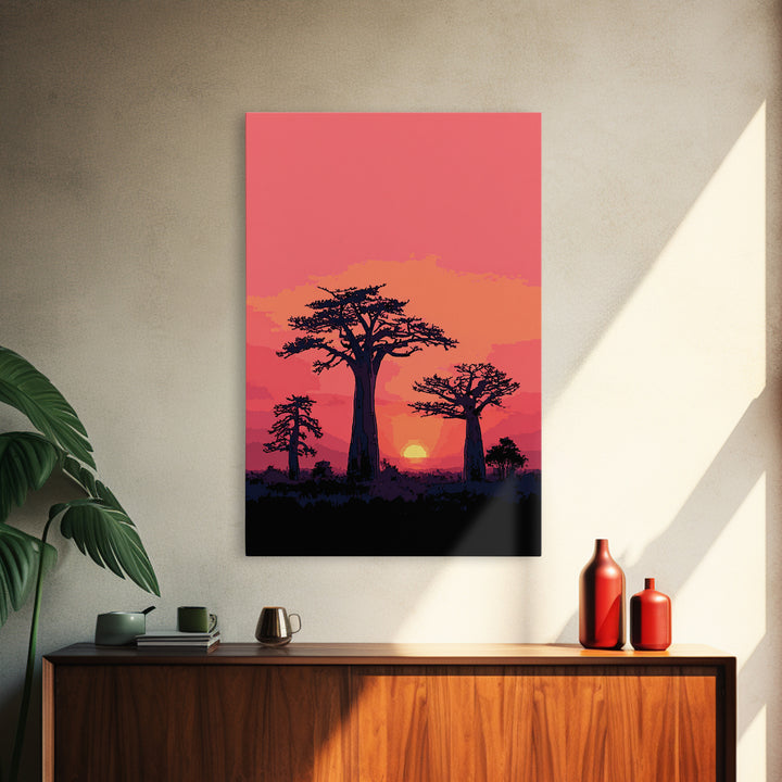 Pink Sunset Baobab Grove Silhouette Canvas Print, Madagascar Wall Art Decor, African Landscape Poster, Modern Safari Home Decor