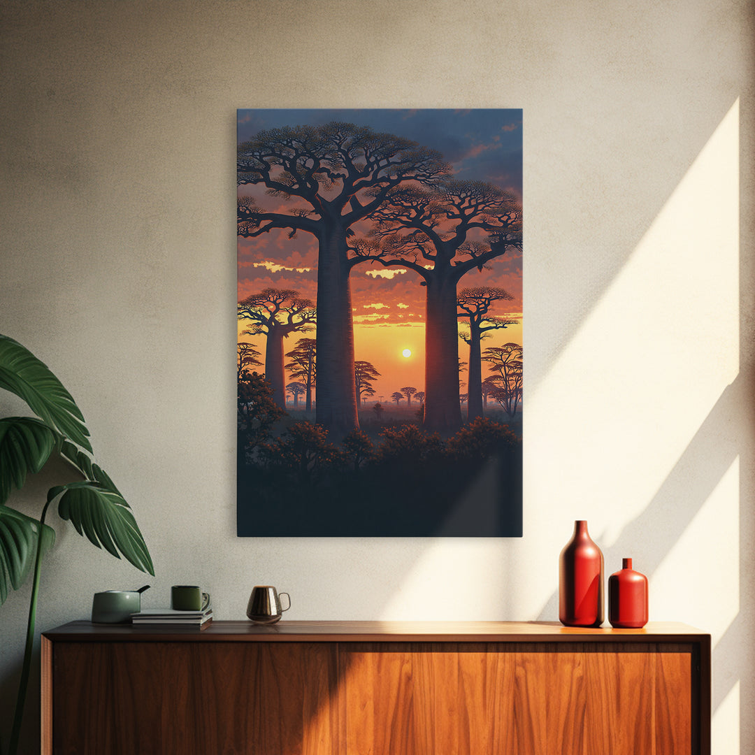 Dramatic Baobab Forest At Dusk Framed Canvas Print, African Safari Wall Decor, Serengeti Landscape Art, Nature Scene Decor