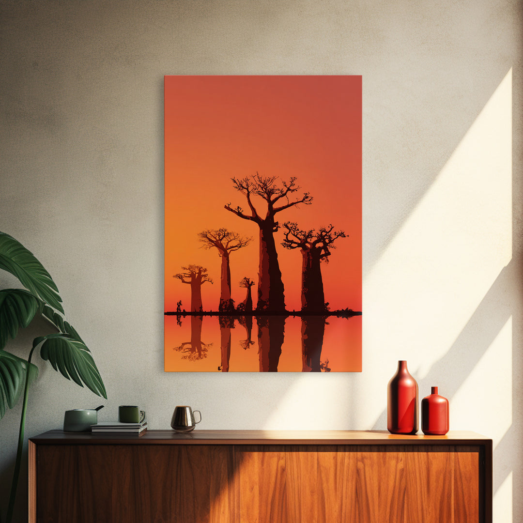 Orange Baobab Reflections At Sunset Wall Art, African Landscape Print, Minimalist Safari Decor, Warm Statement Home Decor