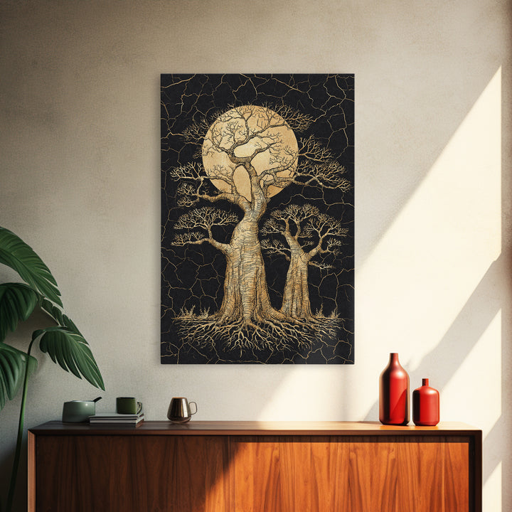 Golden Baobab Moon Tree Wall Art, African Landscape, Black And Gold Decor, Motherland Nature Canvas, Boho Safari Gift, Statement Piece