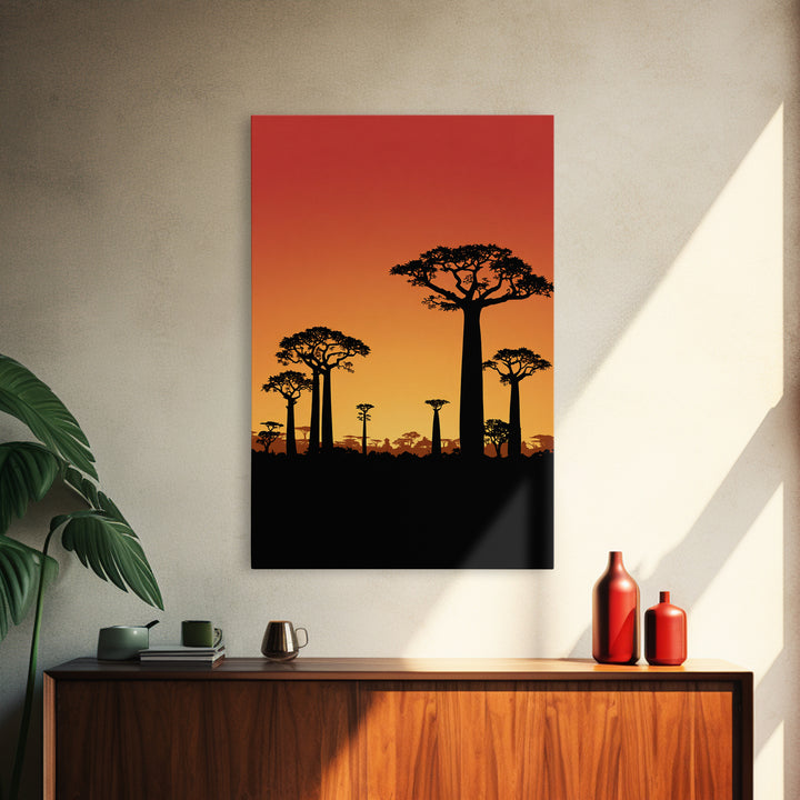 Sunset Baobab Grove Canvas Print, African Safari Landscape, Orange Sky Wall Decor, Madagascar Nature Art, Boho Home Gift
