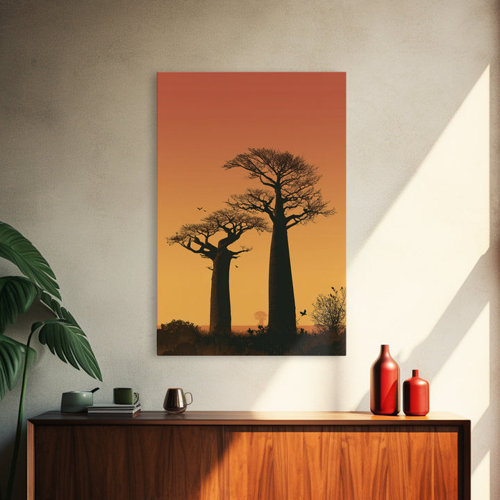 Two Tall Baobab Trees Wall Art, African Sunset Landscape, Madagascar Travel Poster, Orange Safari Decor, Nature Canvas Gift