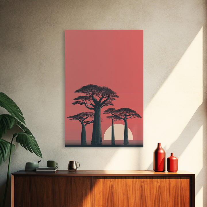 Minimalist Pink Baobab Sunset Canvas Print, African Landscape Wall Decor, Modern Safari Poster, Boho Bedroom Art Gift For Her