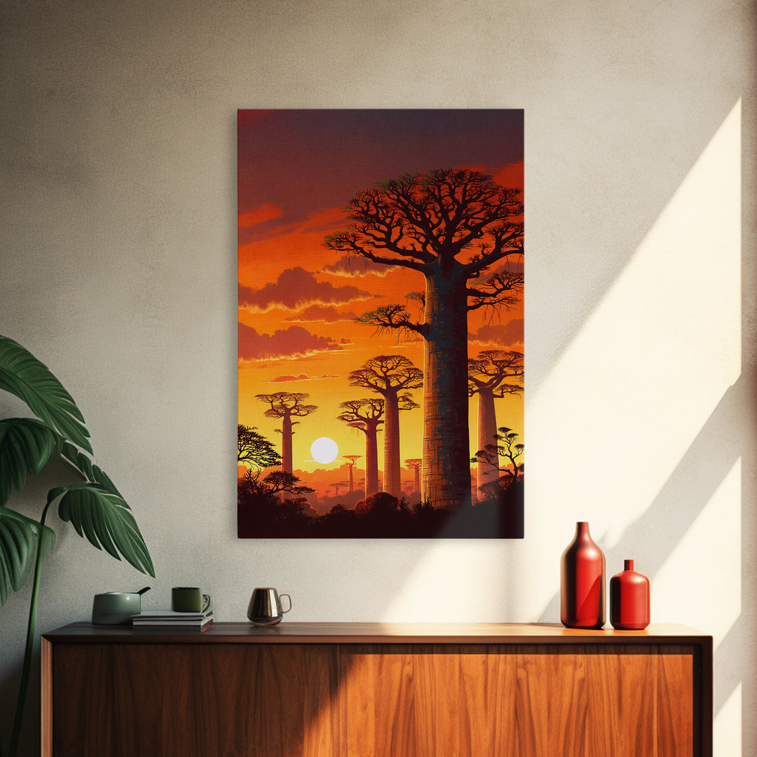 Fiery Baobab Forest Sunset Wall Art, African Safari Landscape, Orange Nature Decor, Madagascar Canvas Print, Gift For Him