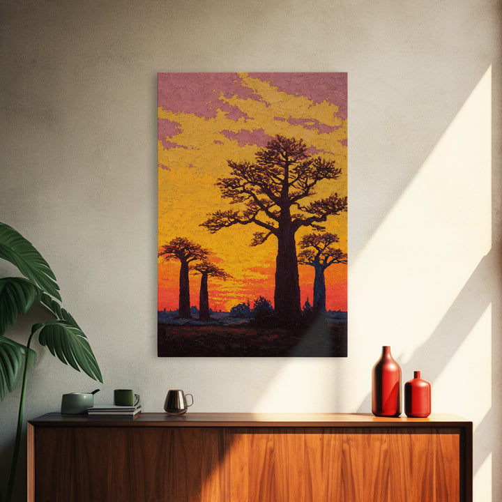 Textured Baobab Sunset Wall Art, African Landscape Painting, Orange Impasto Canvas Print, Safari Decor, Unique Home Gift