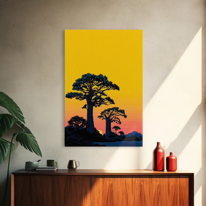 Yellow Sky Baobab Silhouette Canvas Print, African Landscape Wall Decor, Madagascar Sunset Poster, Bold Safari Art Gift Idea