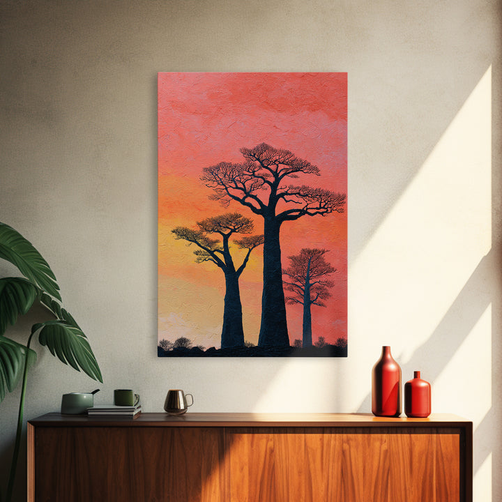 Coral Sunset Baobab Trees Wall Art, African Landscape Print, Textured Canvas Decor, Madagascar Safari Gift, Boho Room Art