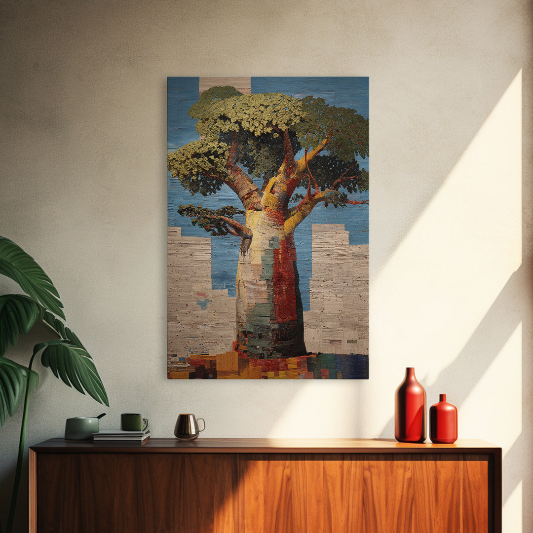 Textured Baobab Tree Mosaic Wall Art, African Landscape, Modern African Art Print, Earth Tone Living Room Decor Gift For Home