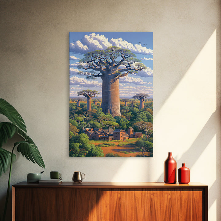 Village Beneath Giant Baobab Wall Art, African Landscape, Madagascar Print, African Home Decor, Large Living Room Art Gift