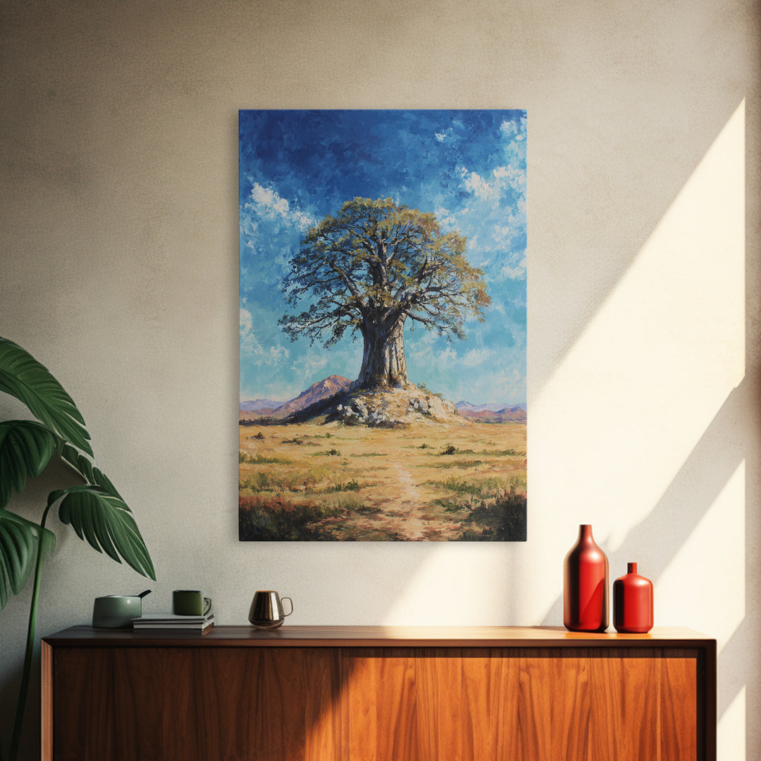 Lone Baobab Desert Path Framed Canvas Print, African Landscape, Blue Sky Painting, Nature Wall Decor, Unique Housewarming Gift