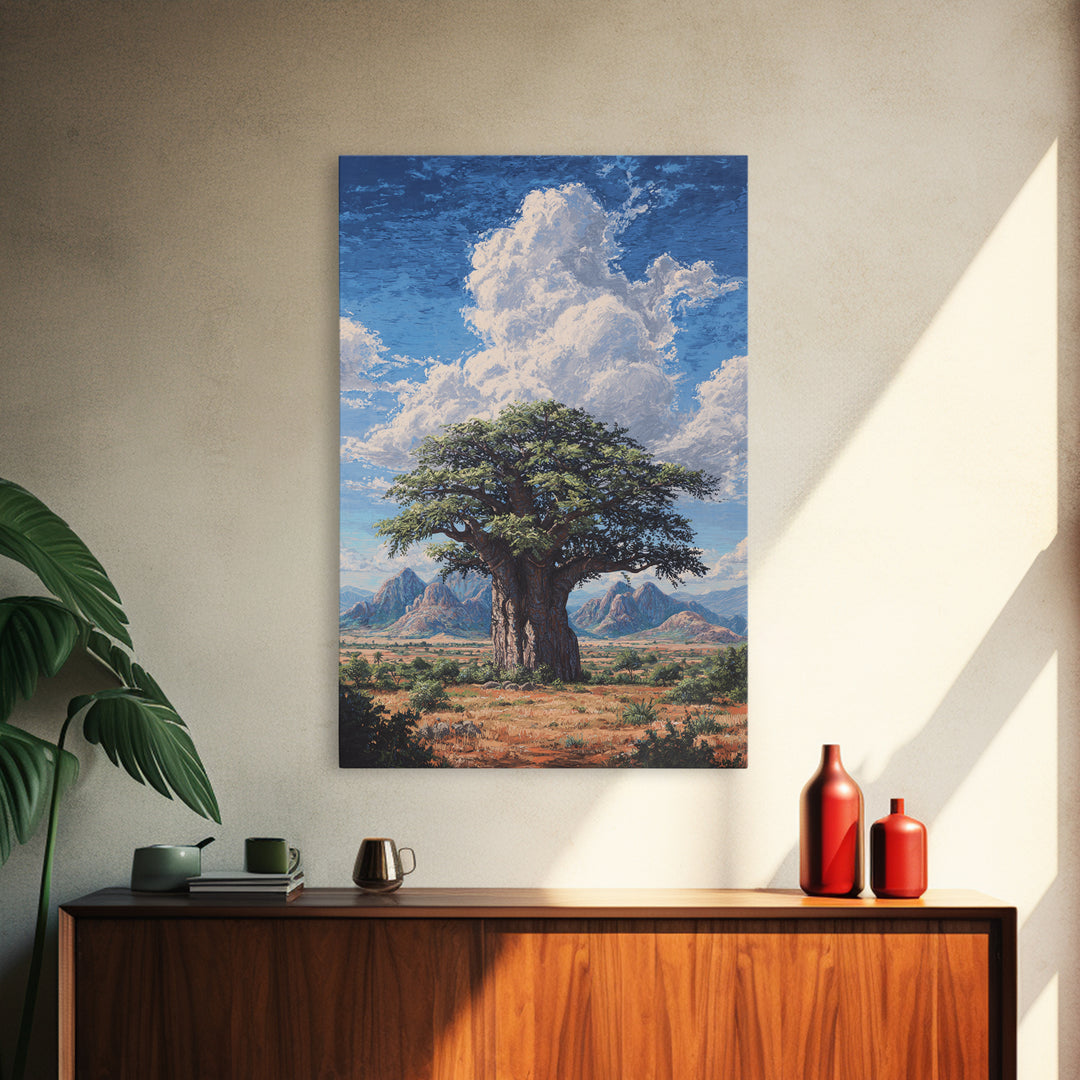 Ancient Baobab Under Towering Clouds Wall Art, African Safari Art, Desert Landscape Painting, Nature Scene Home Decor Gift