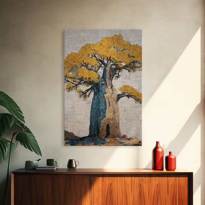 Blue And Gold Baobab Mosaic Framed Canvas Print, African Art Decor, Bold Artwork, Cultural Wall Decor, Statement Piece For Living Room