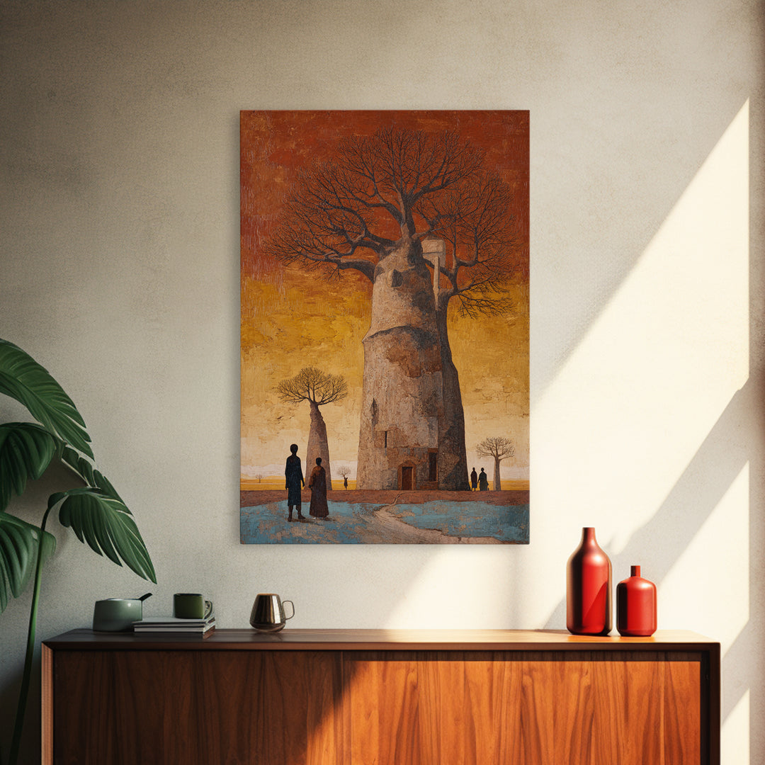 Surreal Baobab Tower At Sunset Canvas Print, African Abstract Art, Burnt Orange Art, Mystical Wall Art, Home Decor Gift For Her