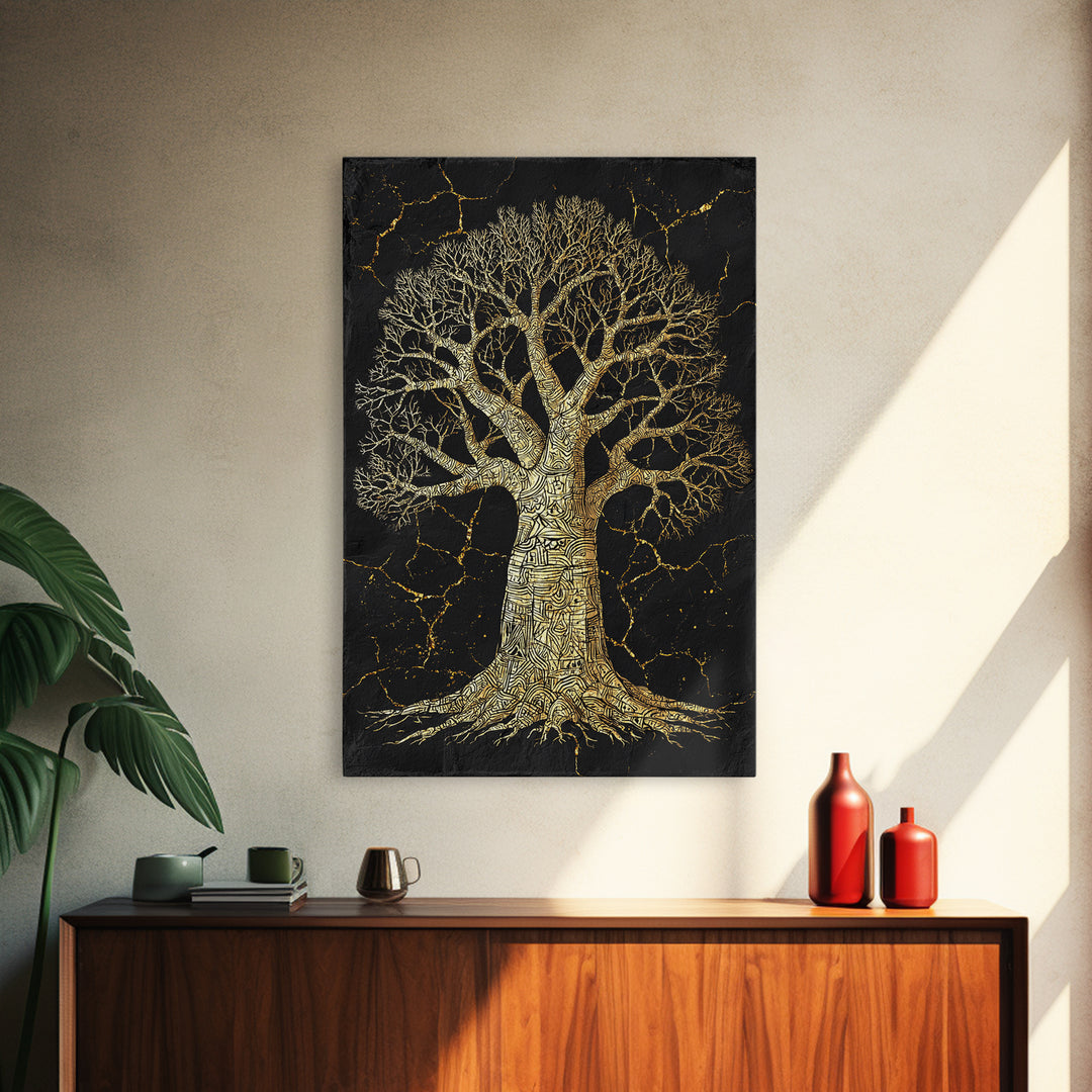 Golden Baobab Tree On Black Stone Wall Art, African Tree Print, Earth Tone Decor, Spiritual Nature Canvas For Living Room