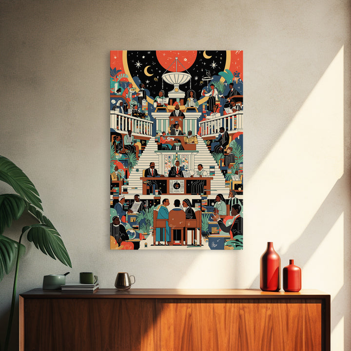 Afrofuturist Civic Assembly Wall Art, Black Culture Illustration, Modern African Decor, Colorful Statement Canvas Print Gift