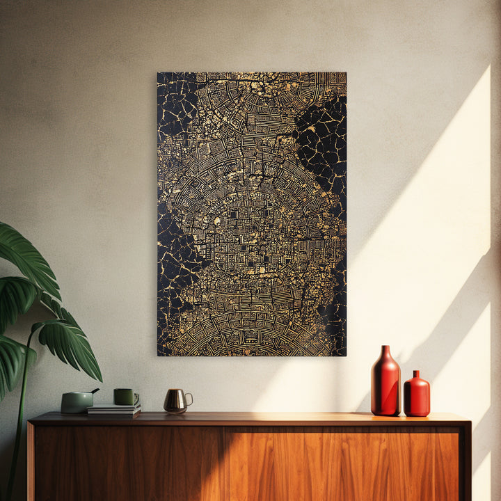 Gold Abstract African City Map Canvas Print, Geometric Tribal Pattern, Black And Gold Wall Art, Modern Office Decor Gift