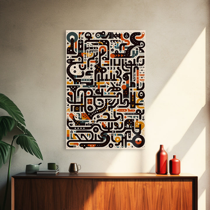 Ivory Black Orange Labyrinth Glyph Wall Art, Modern African Art Abstract, Boho Tribal Decor, Geometric Canvas Print For Home Decor
