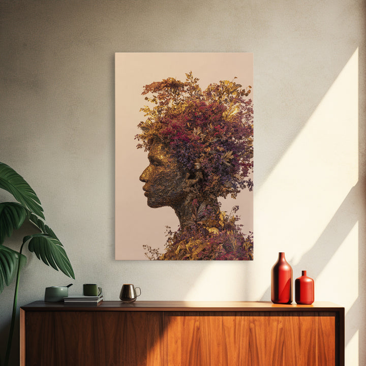 Botanical African Woman Portrait Wall Art, Afrocentric Floral Black Beauty Art, Earth Tone Living Room Decor, Housewarming Gift