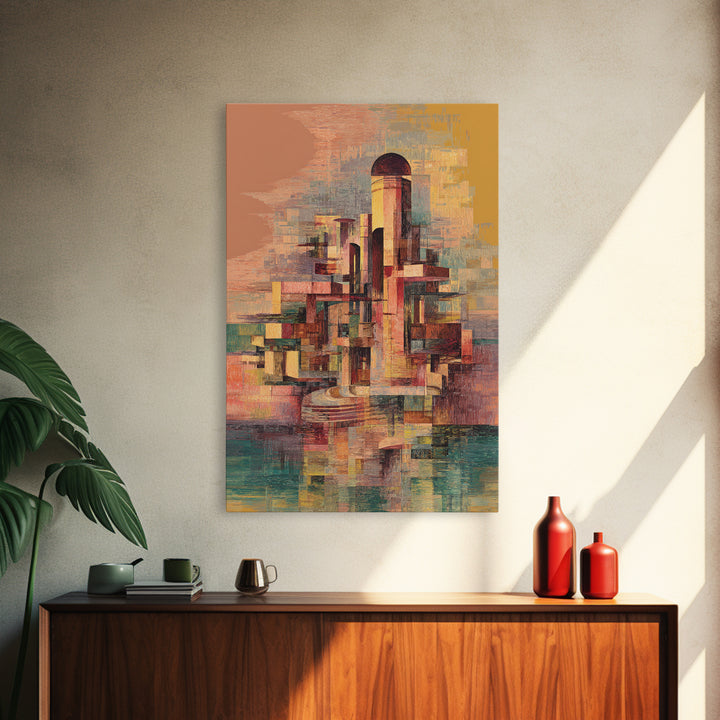 Abstract Futurist Tower City Canvas Print, Modern Geometric Architecture Art, Terracotta Teal Statement Wall Decor Gift For Him