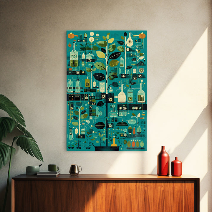 Botanical Science Laboratory Wall Art, Teal Green Plant Illustration, Modern Digital Art For Office Decor And Unique Gift
