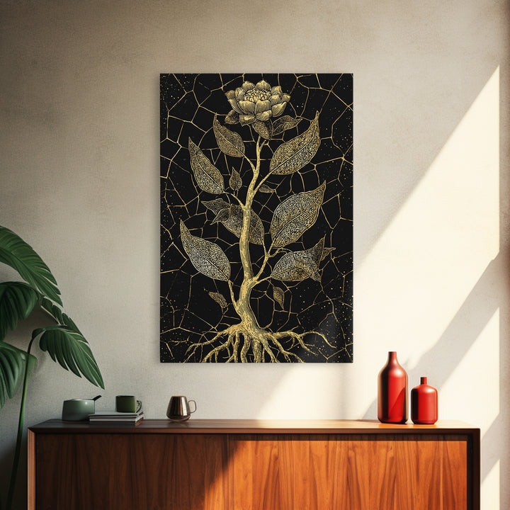 Gold Botanical Rose Canvas Print, Black And Gold Floral Line Art, Elegant Minimalist Wall Decor For Bedroom Home Decor Gift