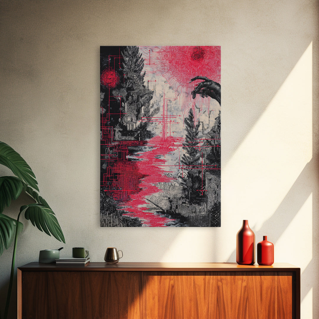 Surreal Red And Black Landscape Canvas Print, Mystical Abstract Art, Gothic Nature Scene Art For Bold Modern Wall Decor Gift