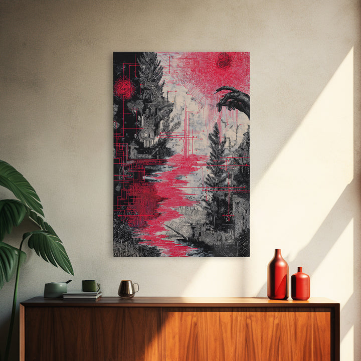 Surreal Red And Black Landscape Canvas Print, Mystical Abstract Art, Gothic Nature Scene Art For Bold Modern Wall Decor Gift