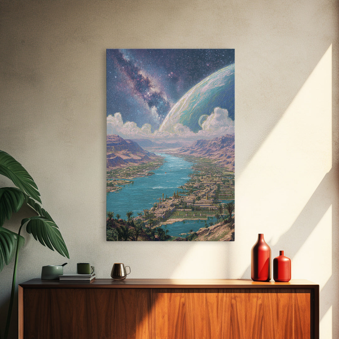 Cosmic River Valley Planet Canvas Print, Dreamy Sci Fi Landscape Art, Large Wall Art For Living Room Statement Decor And Gift