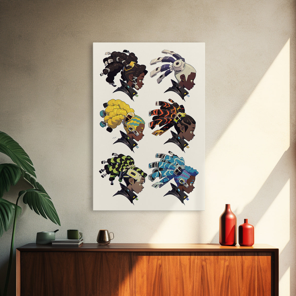 Afrofuturism Cyberpunk Women Canvas Print, Bold Black Girl Art, Futuristic Afrocentric Wall Art For Gaming Room Decor Gift