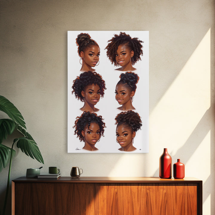 Six Black Women Hairstyle Portraits Wall Art, Afrocentric Beauty Print, Black Girl Magic Decor, Melanin Gift For Her, Home Decor