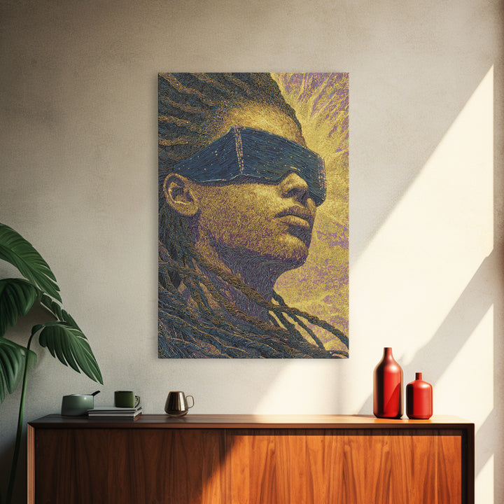 Futuristic Black Woman With Braids And Visor Canvas Print, Afrofuturism Portrait, Modern African Art, Bold Office Decor