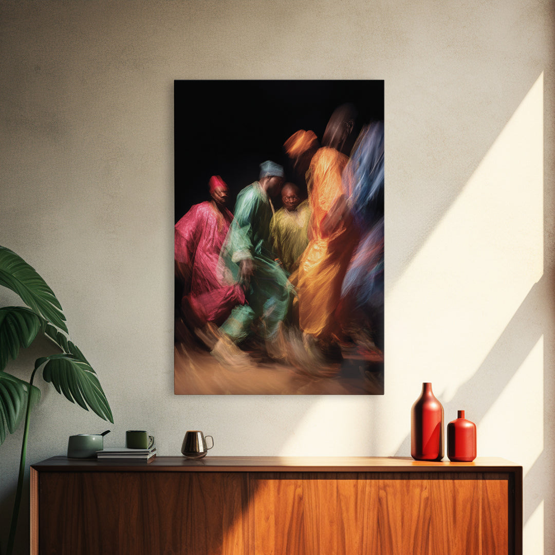 Colorful African Dancers In Flowing Robes Framed Canvas Print, Cultural Celebration Art, Vibrant Ethnic Wall Decor Gift Idea