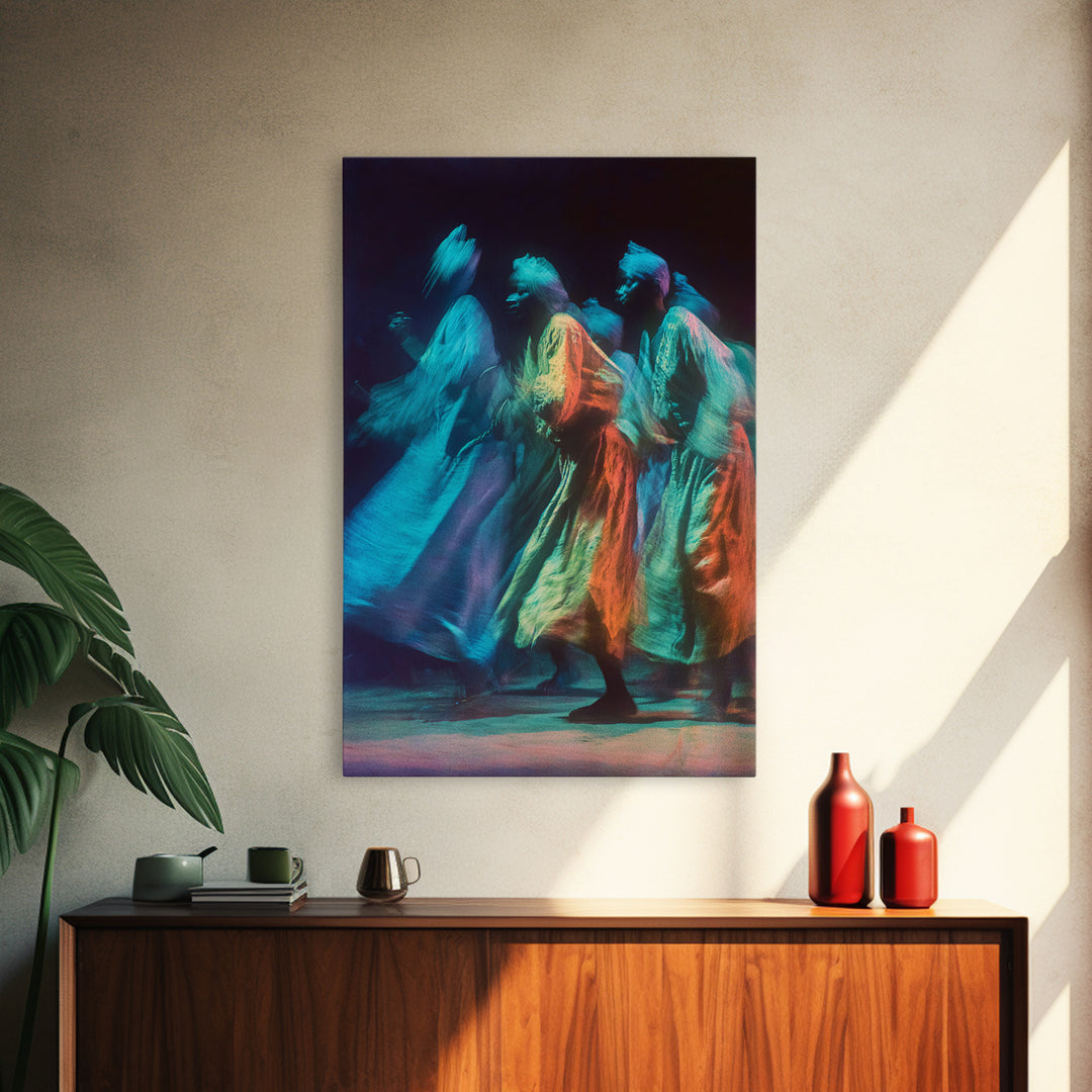 Blue And Orange African Robed Dancers Canvas Print, Spiritual Motion Art, Cultural Wall Decor, Vibrant Afrocentric Gift Idea