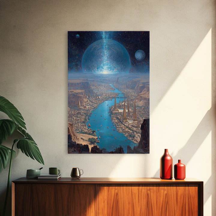 Afrofuturist Blue River City Under Planets Canvas Print, Sci Fi African Inspired Wall Art, Dreamy Landscape Home Decor Gift