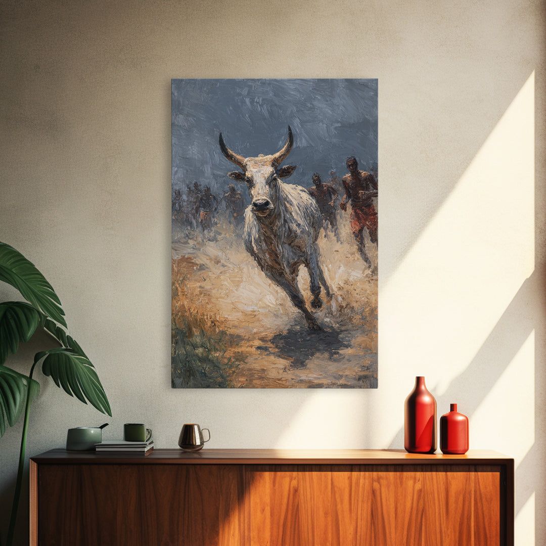 Charging White Bull And Dusty Runners Framed Canvas Print, African Warrior Art, Safari Cattle Race, Rustic Home Decor, Statement Wall Decor