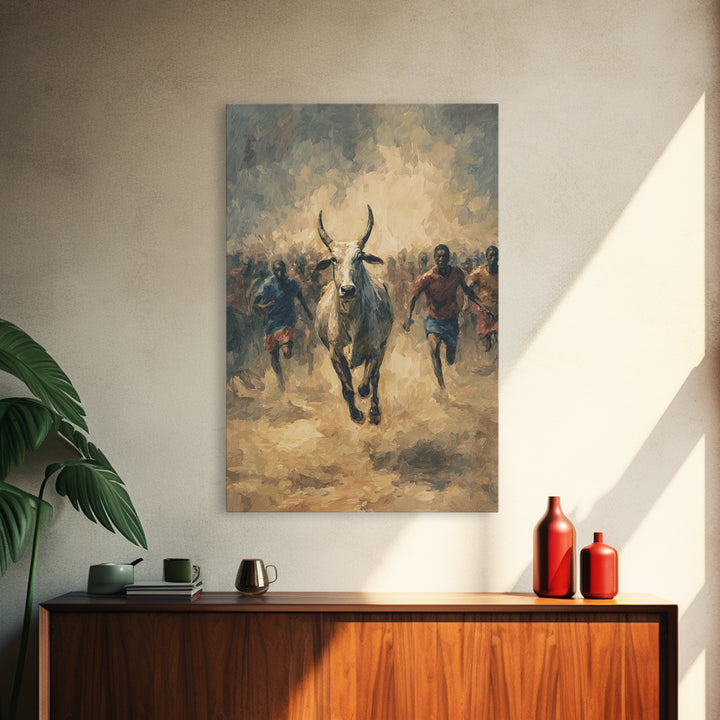 White Bull Racing Through Dust With Runners Framed Canvas Print, African Safari Art, Tribal Warrior Decor, Living Room Wall Art