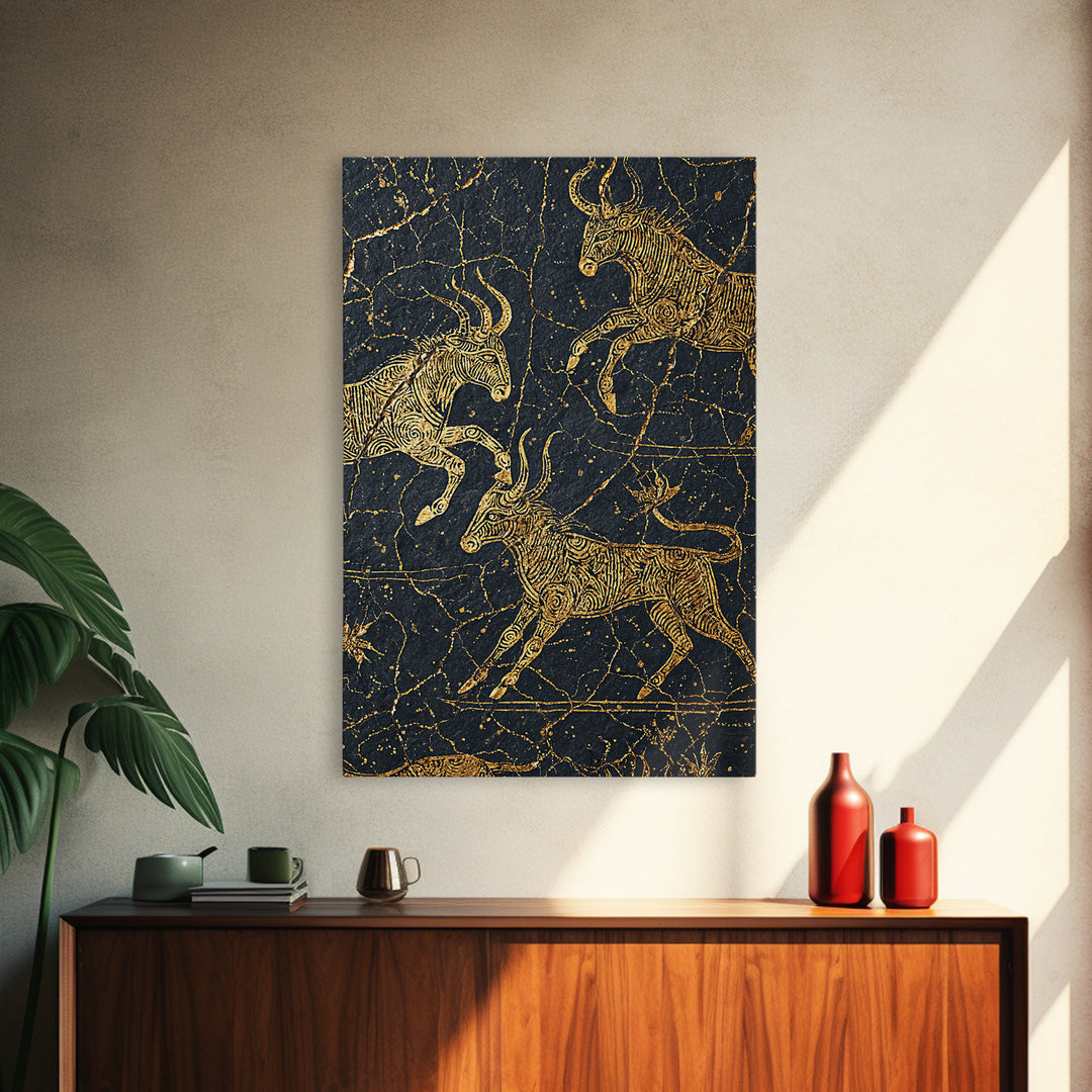 Gold Antelope Herd On Cracked Black Stone Canvas Print, African Animal Art, Tribal Line Drawing, Luxury Safari Wall Decor