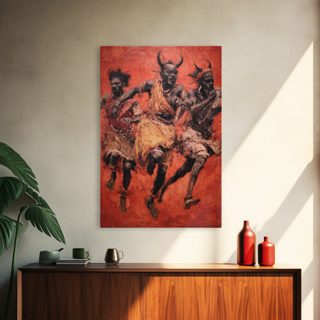 Red Ochre Tribal Dancers With Horned Masks Canvas Print, African Warrior Art, Cultural Wall Decor, Expressive Home Decor