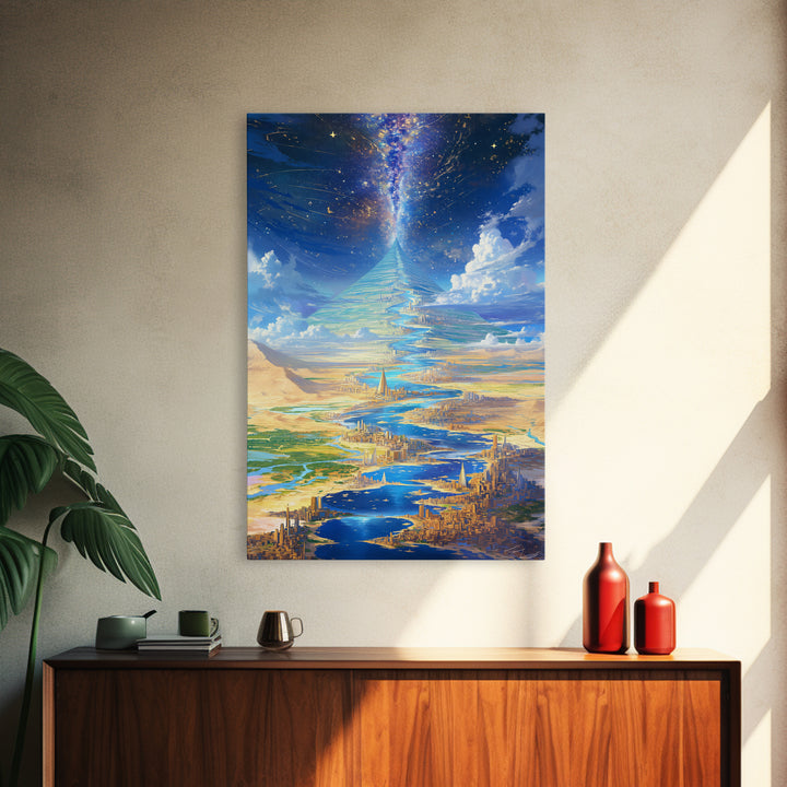 Celestial Pyramid City Beside Blue River Wall Art, African Egyptian Art, Afrofuturism Decor, Dreamy Spiritual Landscape Print