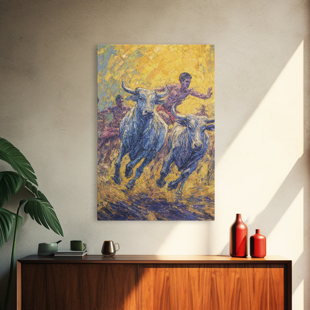 Charging Blue Bulls And Riders Canvas Print, Modern African Art, Warrior Safari Decor, Bold Cultural Wall Decor Gift For Him