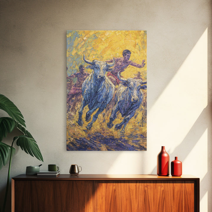 Charging Blue Bulls And Riders Canvas Print, Modern African Art, Warrior Safari Decor, Bold Cultural Wall Decor Gift For Him