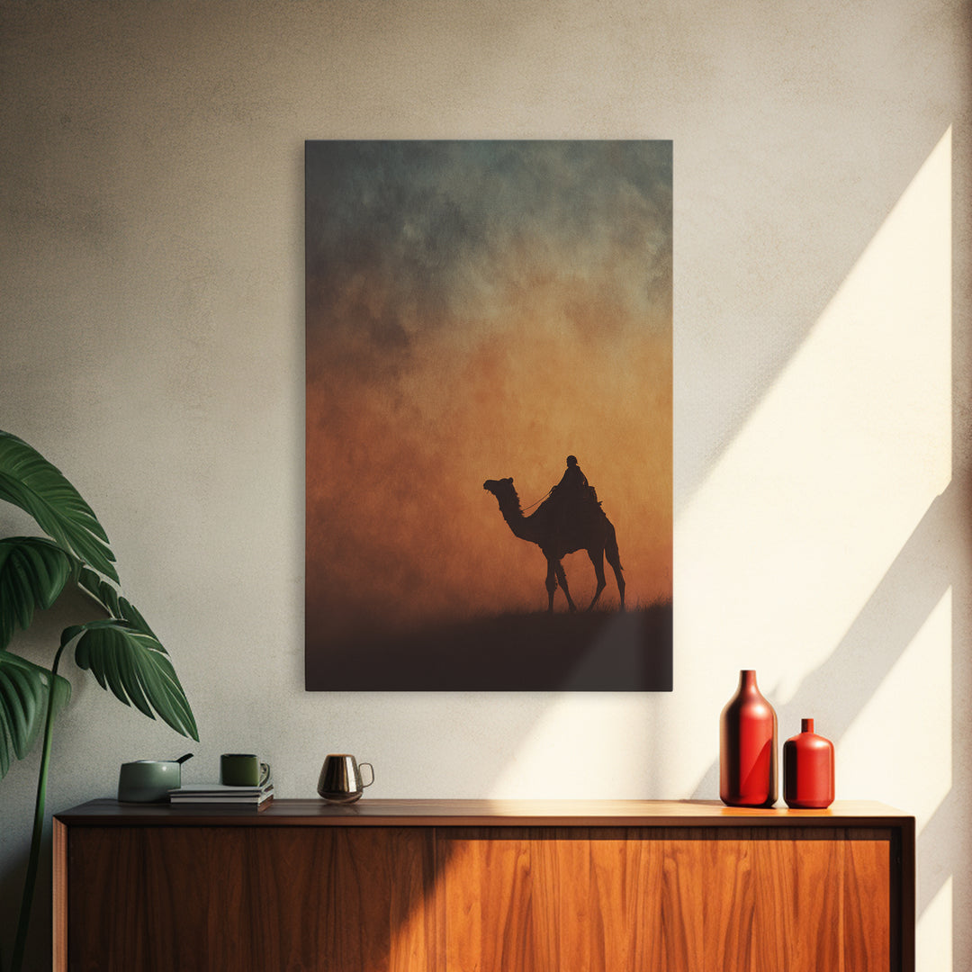 Solitary Camel Rider Wall Art, African Desert Sunset, Boho Safari Art Print, Earth Tone Bedroom Decor, Housewarming Gift
