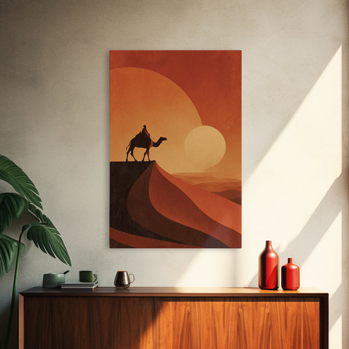 Minimalist Camel Rider Canvas Print, Orange Desert Sun Wall Art, African Travel Poster, Boho Home Decor, Unique Gift Idea