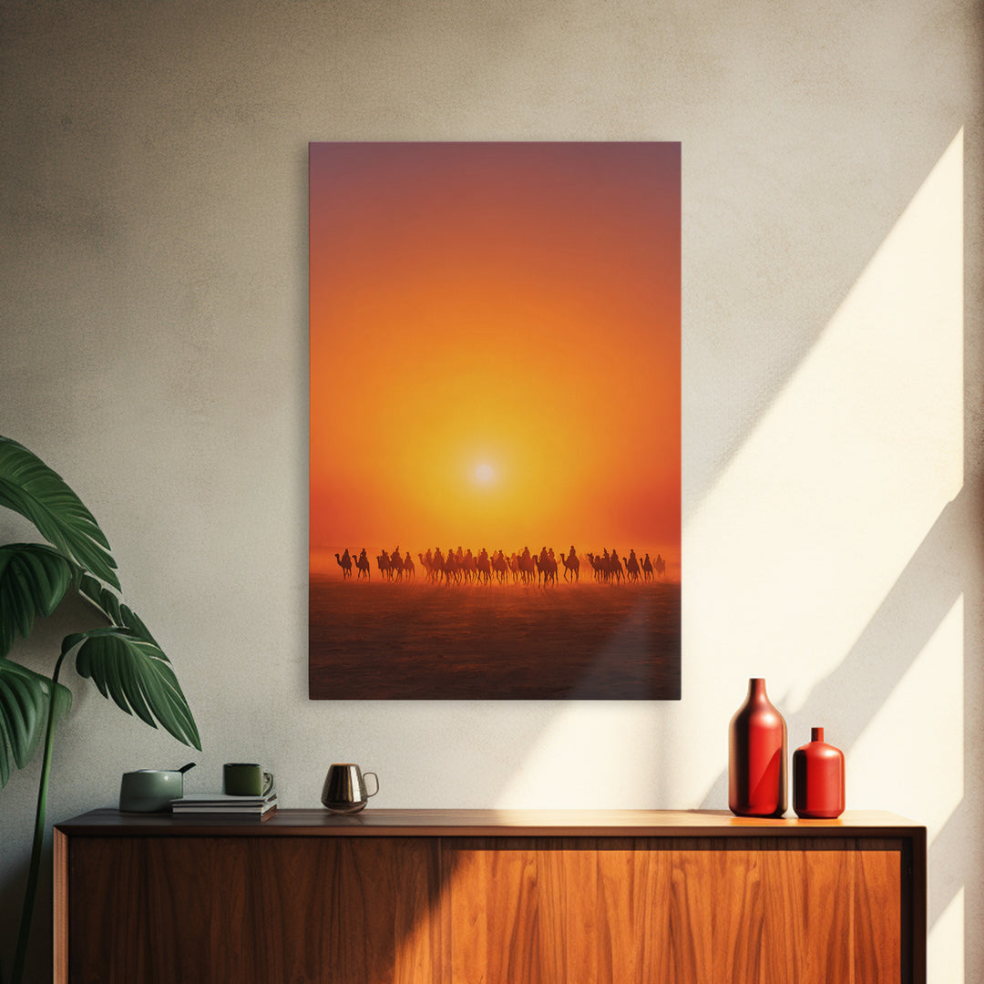 Sunset Camel Caravan Wall Art, African Safari Art, Orange Desert Landscape Poster, Statement Living Room Decor Gift For Him