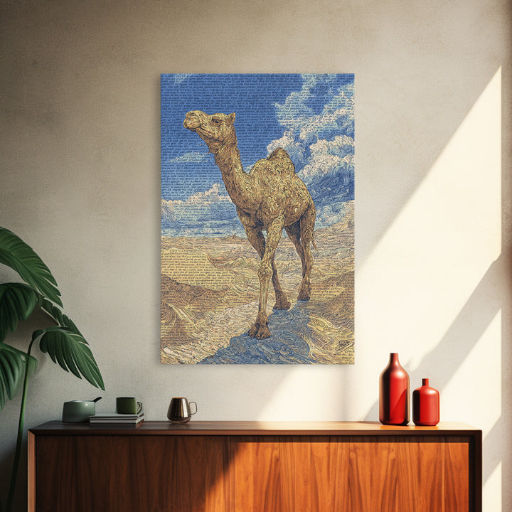 Detailed Camel Portrait Canvas Print, African Desert Landscape, Blue Gold Safari Art, Textured Art Print, Unique Wall Decor