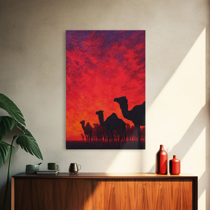 Fiery Red Camel Herd Wall Art, African Safari Art Print, Desert Sunset Poster, Bold Orange Home Decor, Statement Gift Set